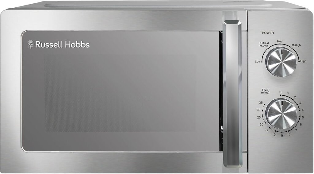 Russell Hobbs Stainless Steel Microwave 20 Litre 800W Solo Manual with 5 Power Levels, Defrost Function & Easy Clean, 35 Minute Timer, RHMM827SS